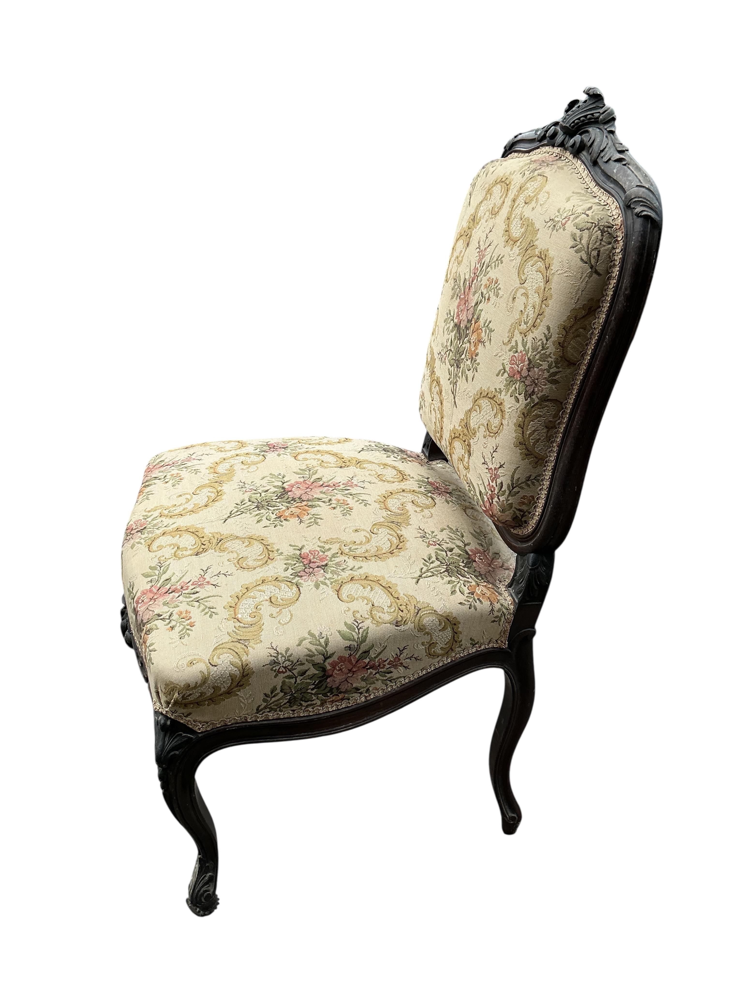 Three 19th century French carved tapestry upholstered chairs, one with arms, largest width 64cm, depth 56cm, height 105cm